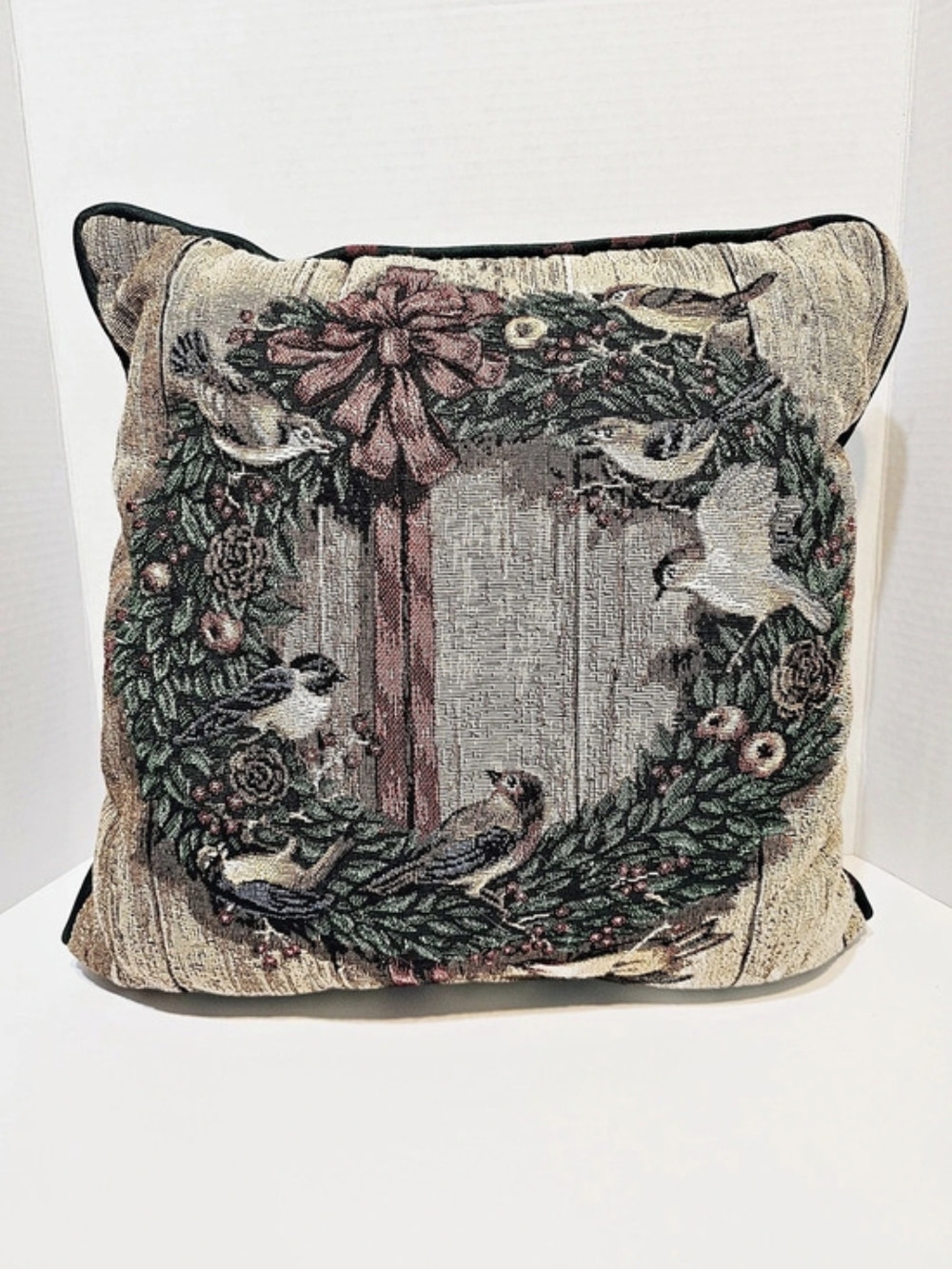 Christmas Tapestry Decorative Pillow ~ Christmas Wreath with Birds